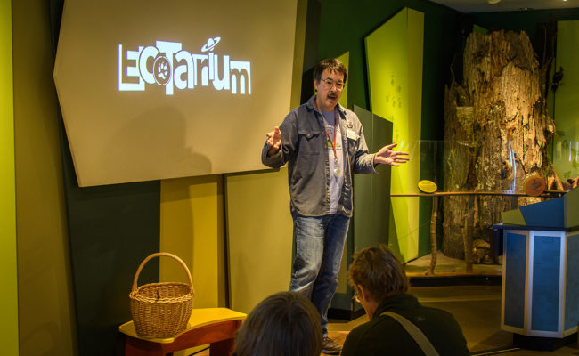 David Hibbett speaking to audience at Ecotarium