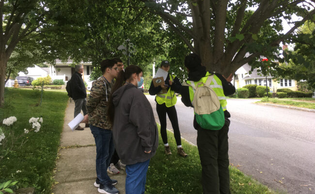 HERO 研究员 demonstrating tree inventory techniques to Worcester Technical High School Environmental Science students