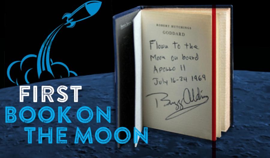 Photo of book with words "First Book on the Moon"
