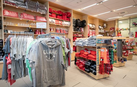 Clothes and gear inside the Clark University campus store
