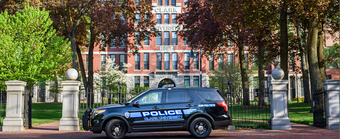 campus police car in front of jonas clark building