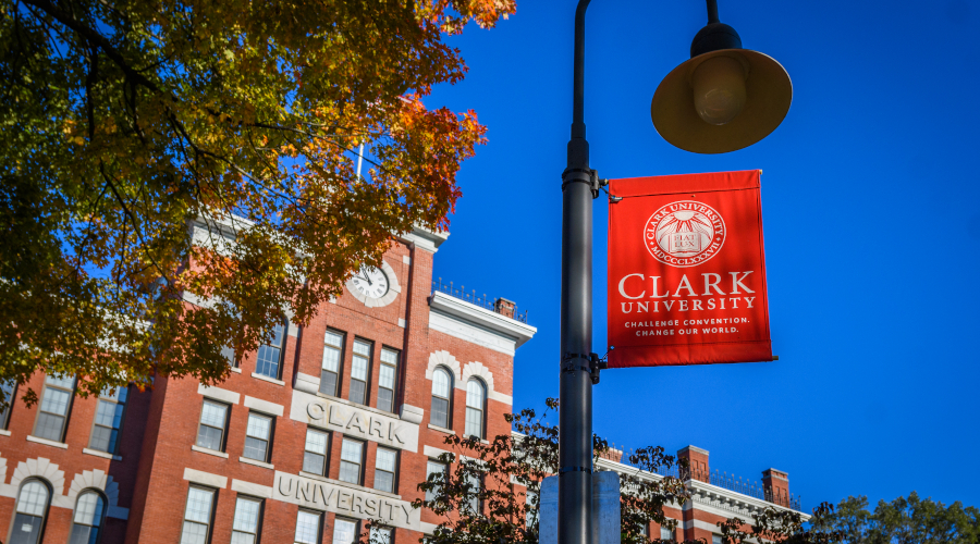 Jonas Clark Hall and Clark University banner