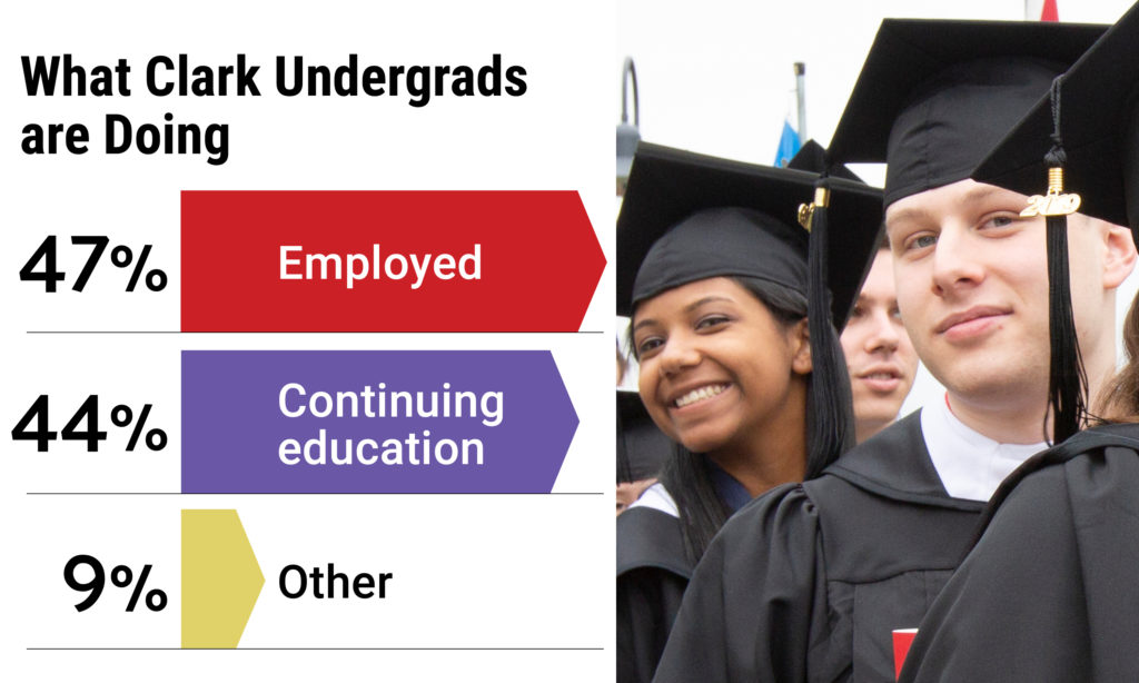 图表包括本科生毕业后的工作——47%就业, 44%继续教育, 其他9%