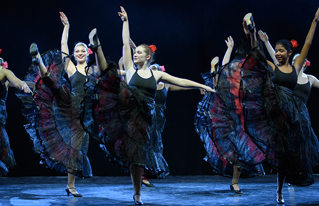 Dancers in traditional Spanish flamenco wear