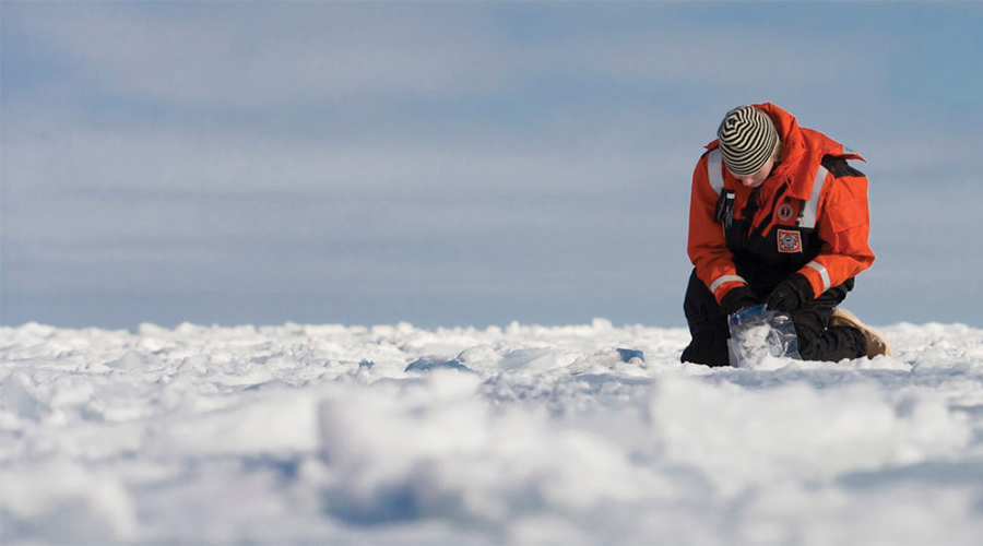 karen frey taking ice samples on ice berg