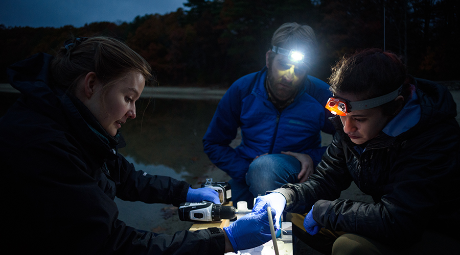 professor looking at water samples with students near walden pond