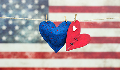 two hearts with American flag in the background
