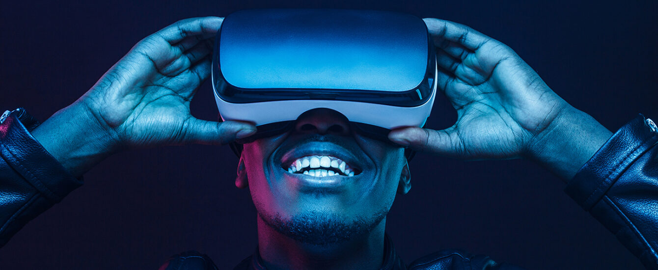 Student wearing virtual reality goggle