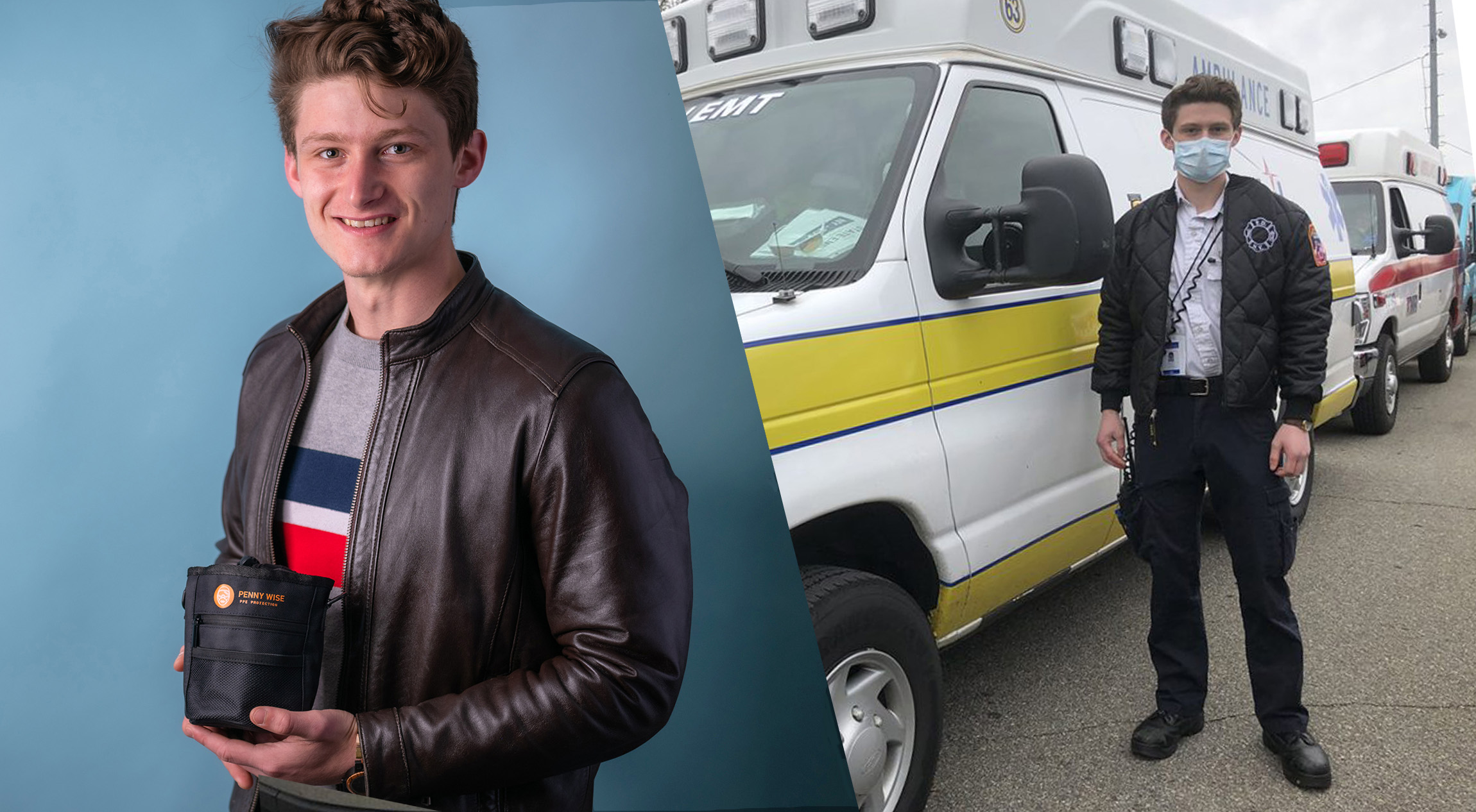 照片右边, Ethan Lutz standing in front of ambulance; photo at left, 伊森拿着个人防护用品