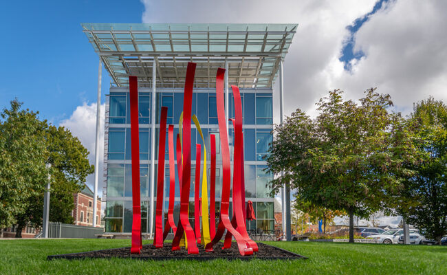 "Chance Encounter," a sculpture by Phillip Marshall, MBA 93, part of the "Art in the Heart of Main South" public exhibition on and around the Clark University campus