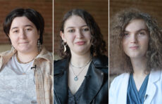 Playfest 2024 playwrights Megan Engstrom ’24, Rosie Cohen ’23, M.A. ’24, and Honey Lawless ’24
