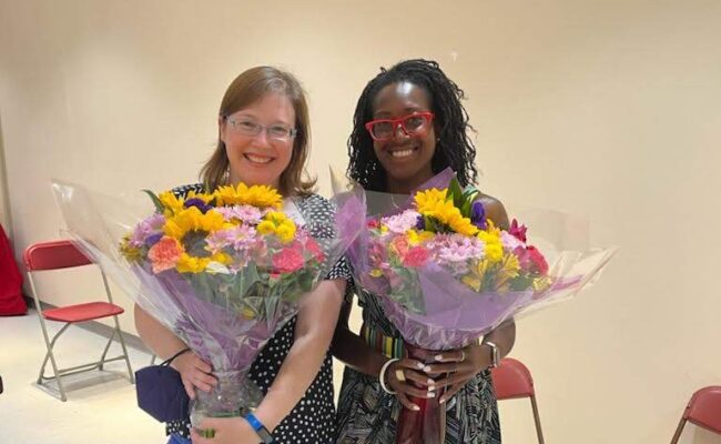 Photo of Sasha Abby VanDerzee ’00 and Summer L. Williams ’01, M.A.Ed. ’02 at the "can i touch it?" Performance and Clark Reception