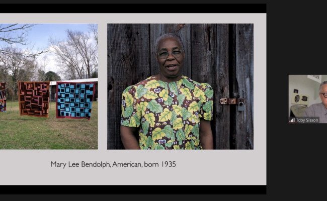 Screenshot from CBAA Juneteenth event. Image of Professor Toby Sisson sharing a photo of artwork. Test reads: Mary Lee Bendolph, American, born 1935