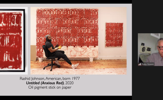Screenshot from CBAA Juneteenth event. Image of Professor Toby Sisson sharing a photo of artwork by Rashid Johnson, American, born 1977, Untitled (Anxious Red), 2020 Oil pigment stick on paper