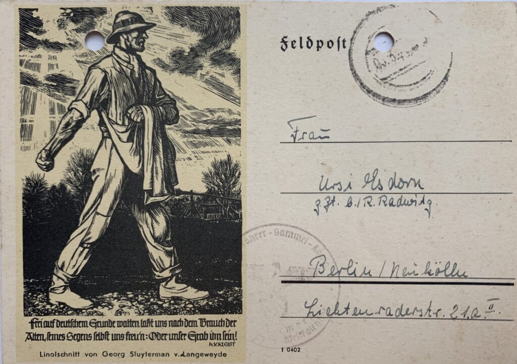 Soldier marching print on the front of a Nazi postcard.