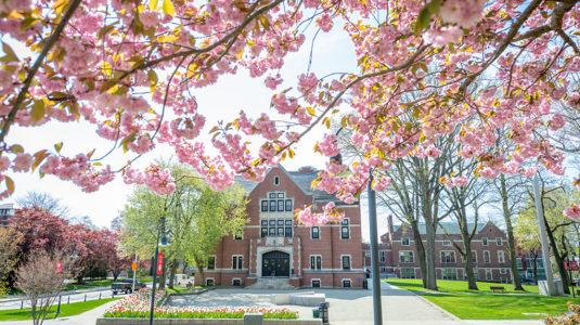 Clark University Atwood Hall in spring