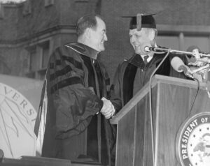 Hubert Humphrey receiving honorary degree at Clark University