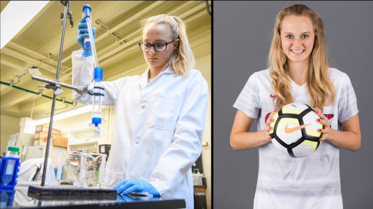 Two images of Rylee Simons, one in the science lab and another holding a soccer ball