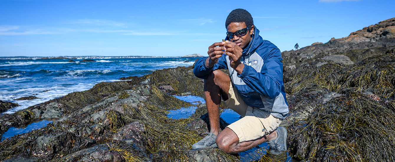 Student holding snail at edge of ocean