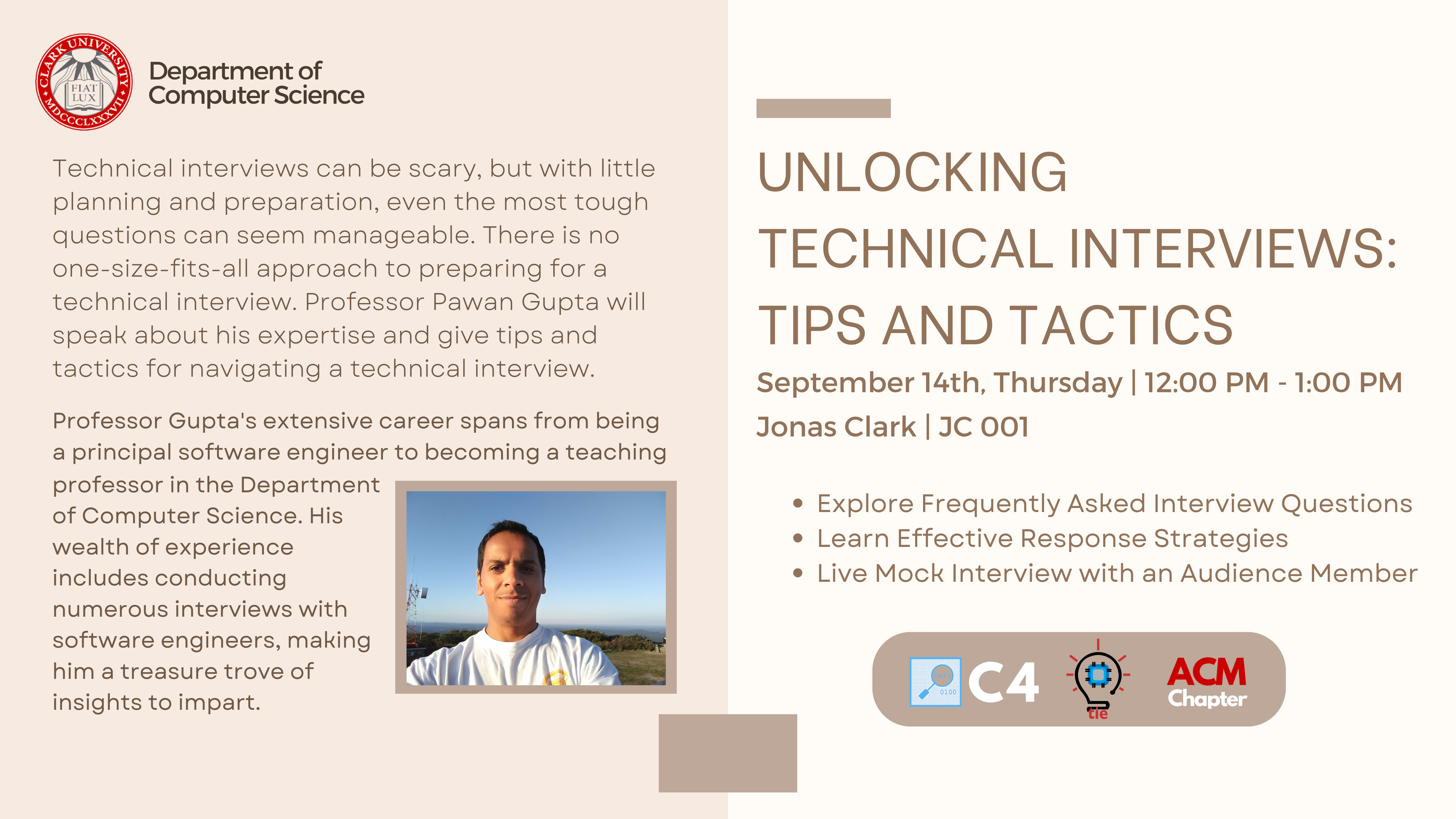 Flyer for a Computer Science event for preparing students for technical interviews on 09/14 in JC 001 at 12 PM