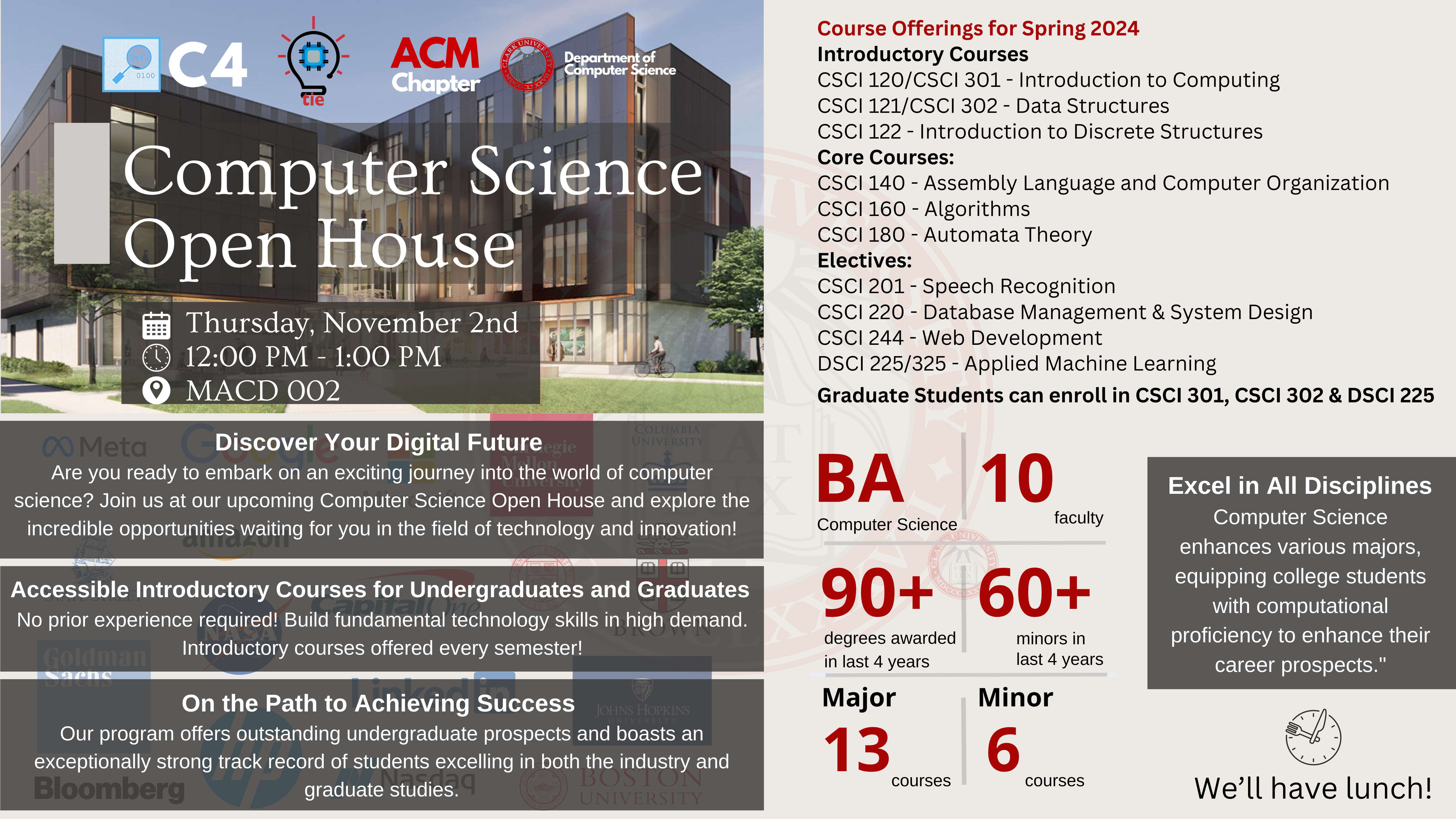 Flyer for Computer Science Open House on 11/02 at 12 PM in CMACD 002