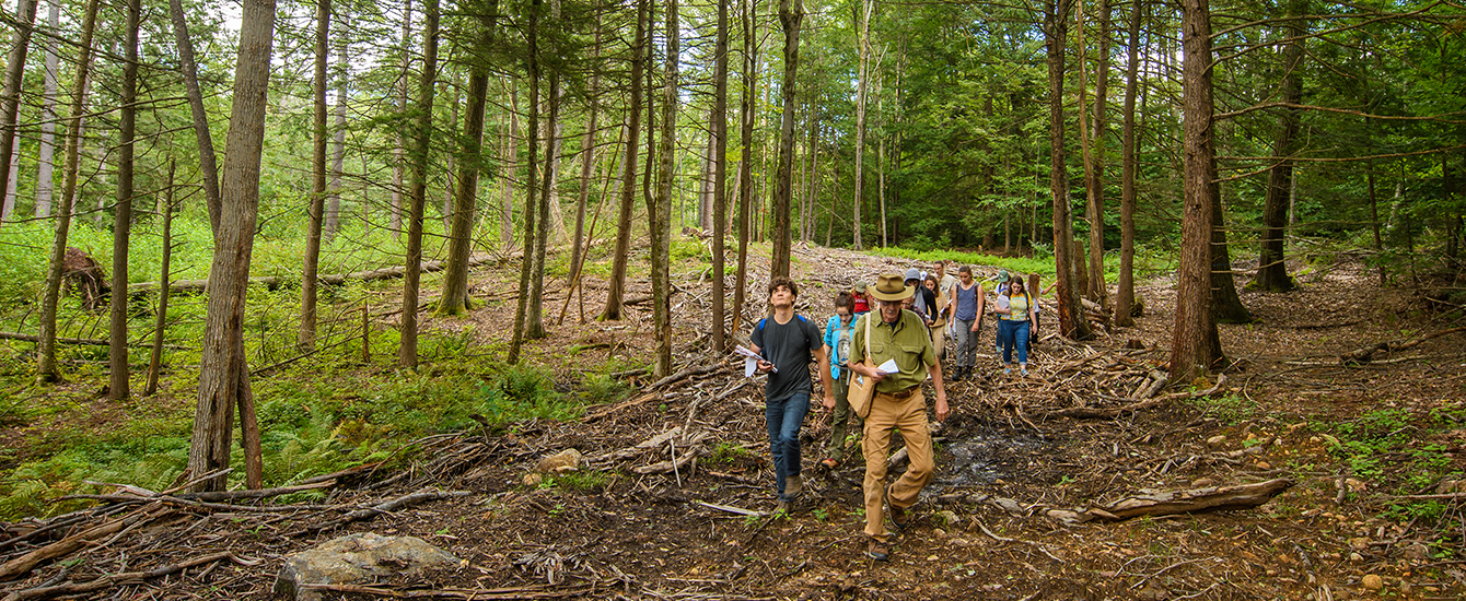 Environmental Science students with faculty member in woods hiking