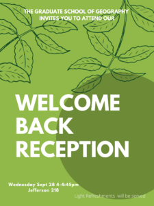 Green poster with the title of Welcome Back Reception