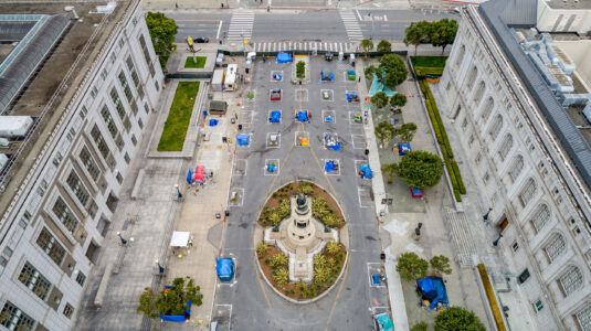 Aerial view of homeless camp in San Francisco