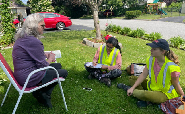 Amritha Pai and Ksenia Smart interviewing resident in the Burncoat neighborhood