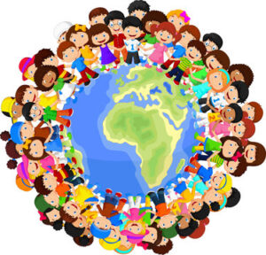 The planet earth circled by children of all races & ethnicities