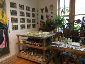 artist table with paints