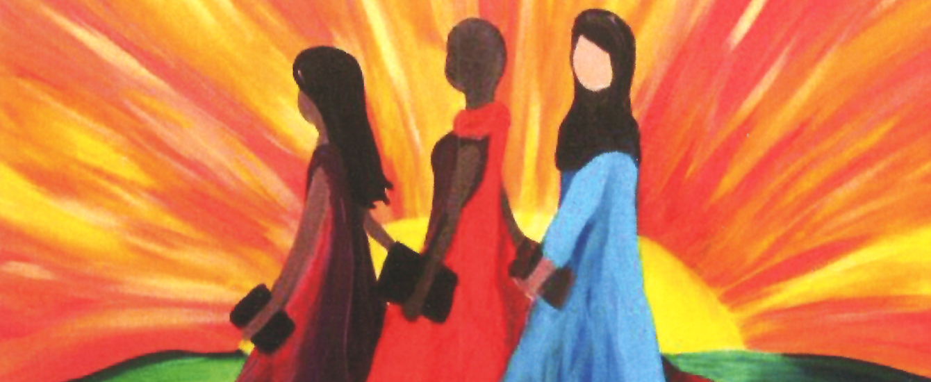 illustration drawing of three women walking in front of sun holding hands