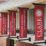 Clark University banners in Dana Commons