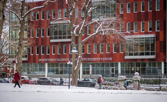 Shaich Family Alumni and Student Engagement Center (ASEC) winter scene