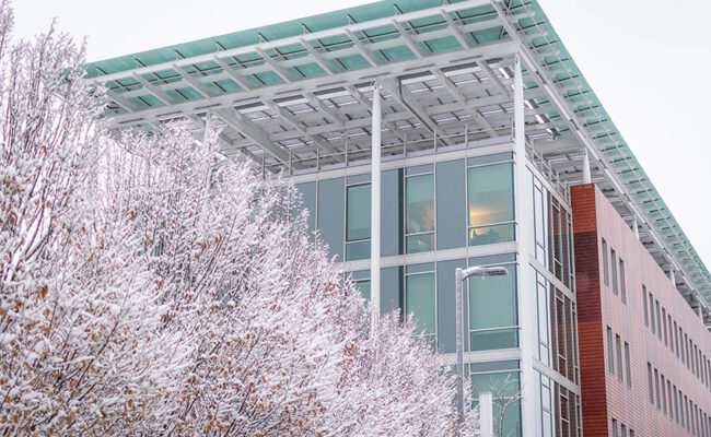 Shaich Family Alumni and Student Engagement Center (ASEC) - cherry blossoms in front of building