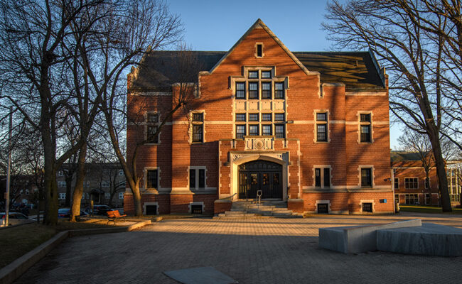 Atwood Hall - front of the building at sunset