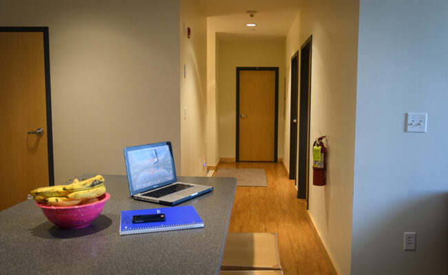 Blackstone Residence Hall - kitchen with laptop