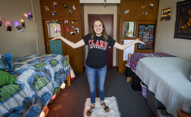 Wright Residence Hall - girl showing off dorm room