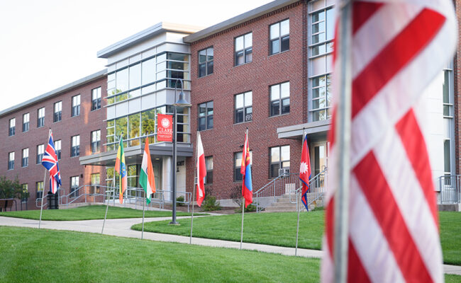 Wright Residence Hall - front of building with flags