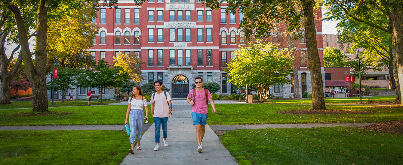 Students walking through Clark University campus