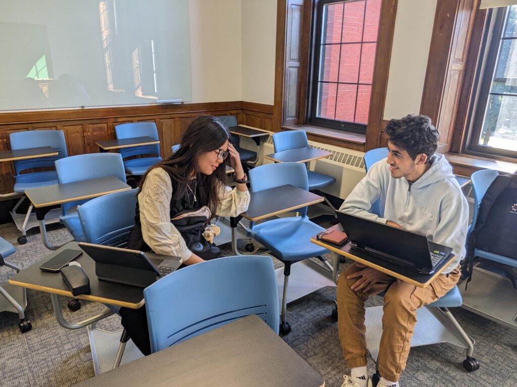 Two students working together on a project