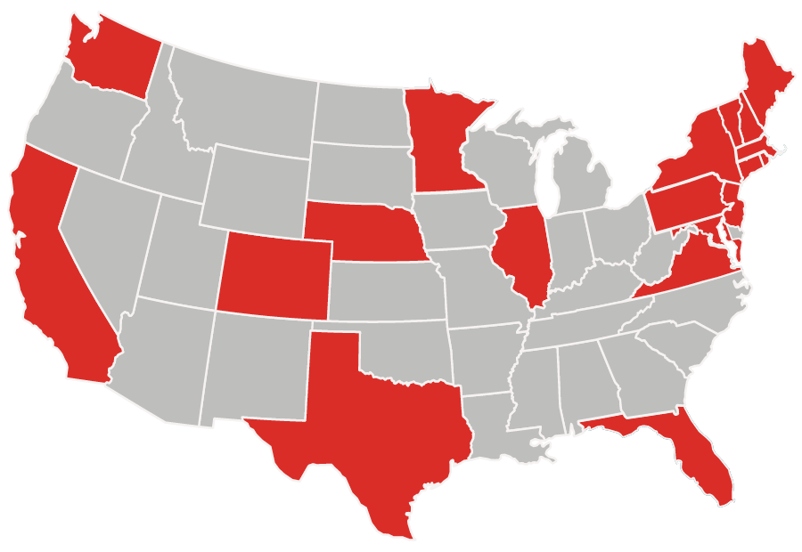 US Map representing students in North East states, Florida, Texas, California, Washington, Minnesota, Illinois, Colorado, Nebraska