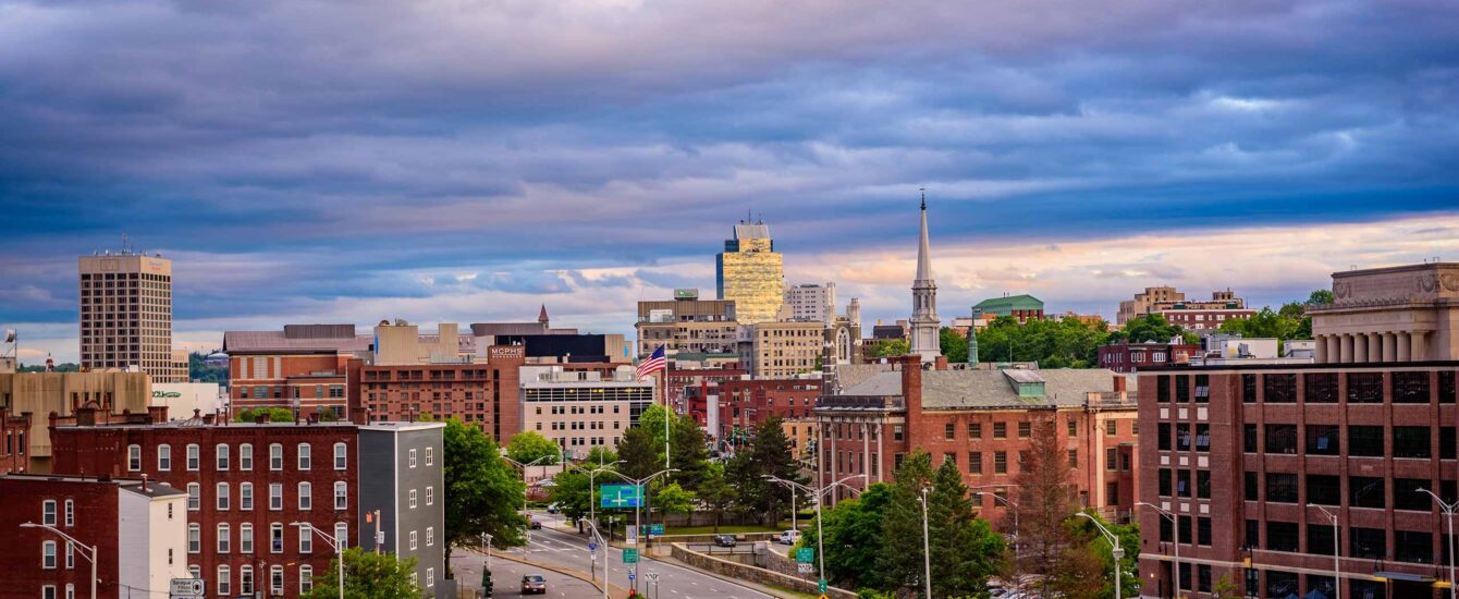 A panoramic view of downtown Worcester, late afternoon