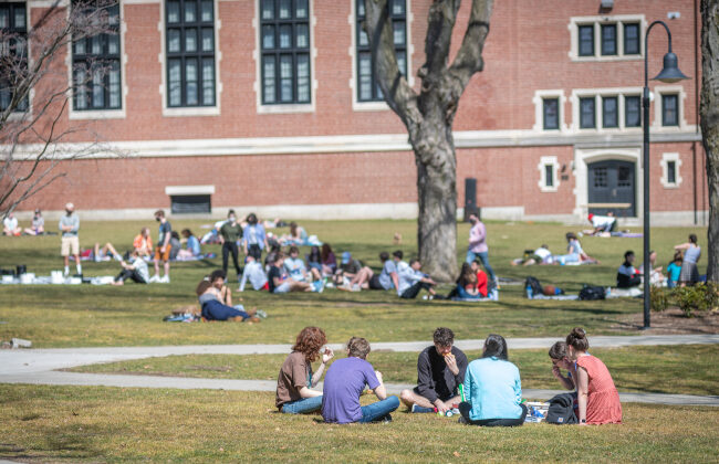 Students gathered on campus green