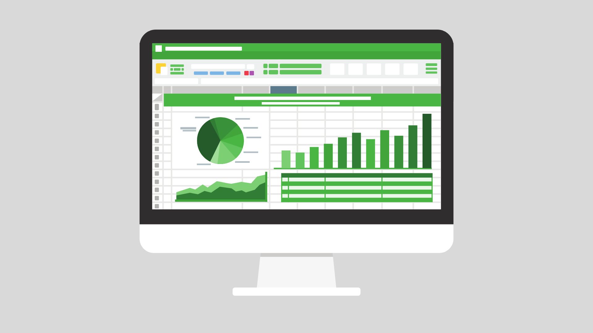 Illustration of a desktop computer showing a chart, spreadsheet, and bar graph in green.