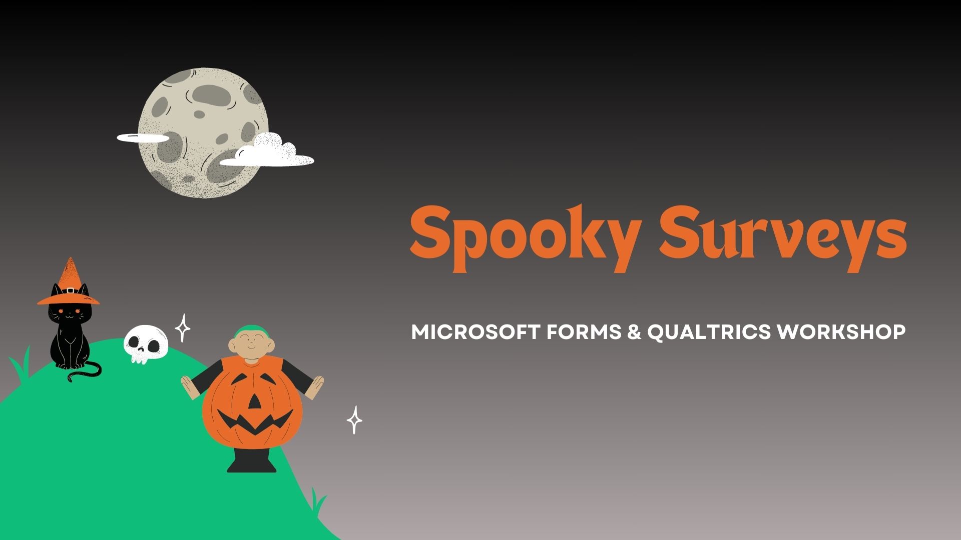Cartoon of a person wearing a pumpkin costume standing on a hill with a black cat and a skull.