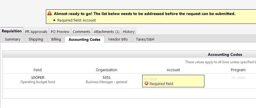Selecting accounting codes in checkout