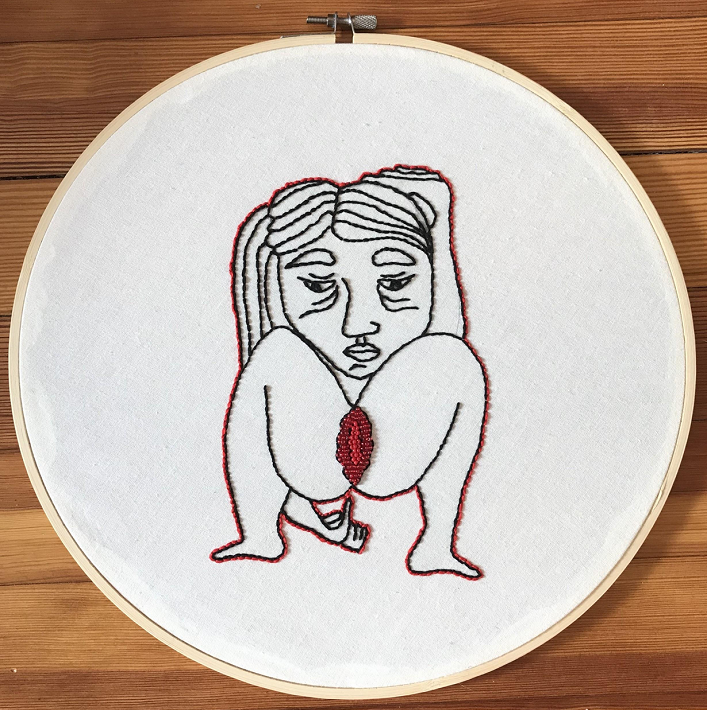Affliction 1. Fabric, thread, and beads. 12 inch hoop. 2018.