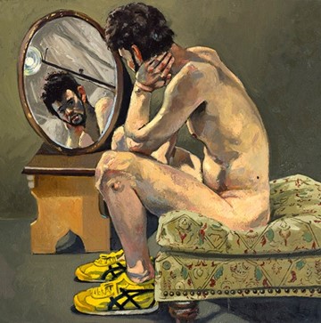 Man with Mirror, 2018, oil on canvas, 24x24”