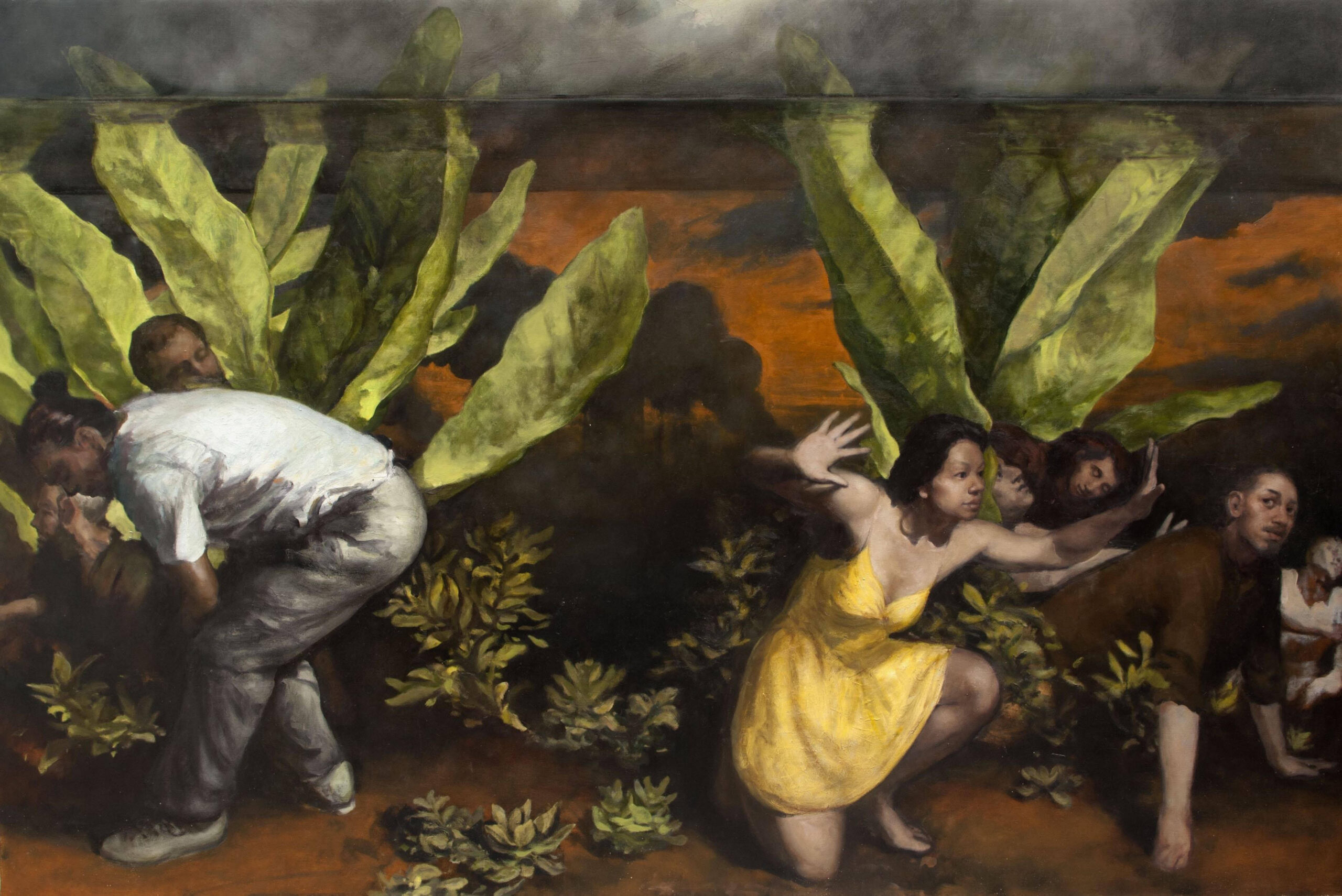 Painting of people in Pacific islands in climate change disaster